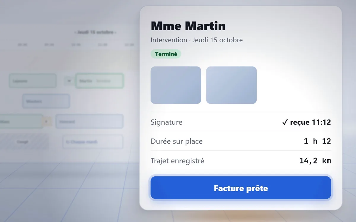 La fiche de la mission terminée, avec le bouton Facture prête